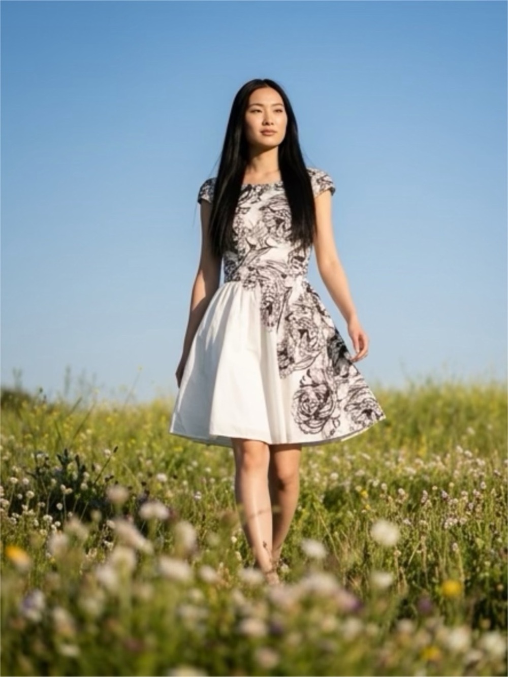 Charlotte Russe Black & White Floral Fit-and-Flare Mini Dress